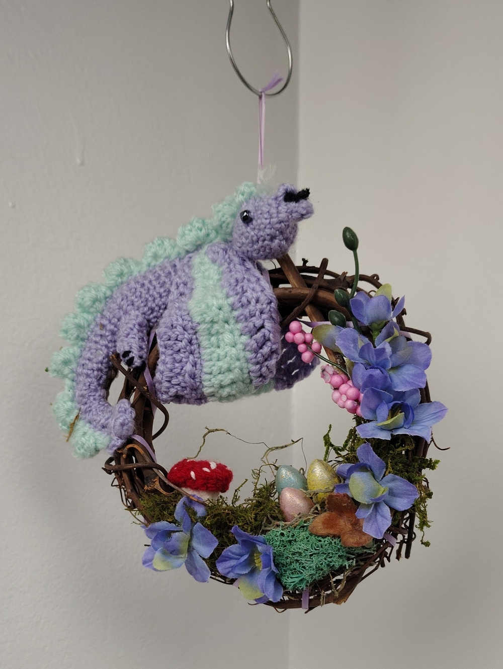 Handmade Crochet Dragon With Eggs And Flowers, Mushroom, Moss Home Decoration